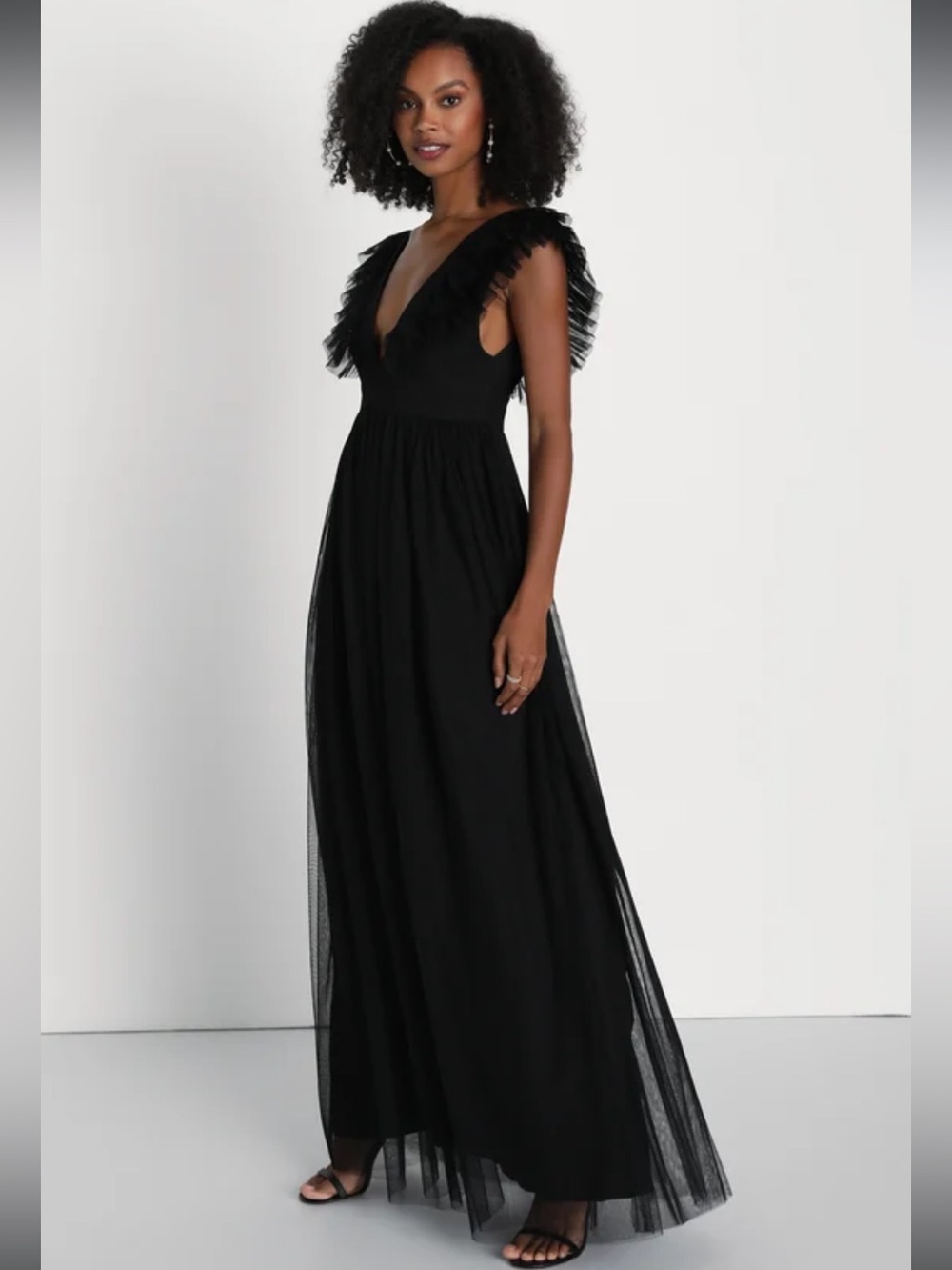 NWT- Simply Delighted Black Mesh Ruffled Backless Maxi Dress - Picture 3 of 15